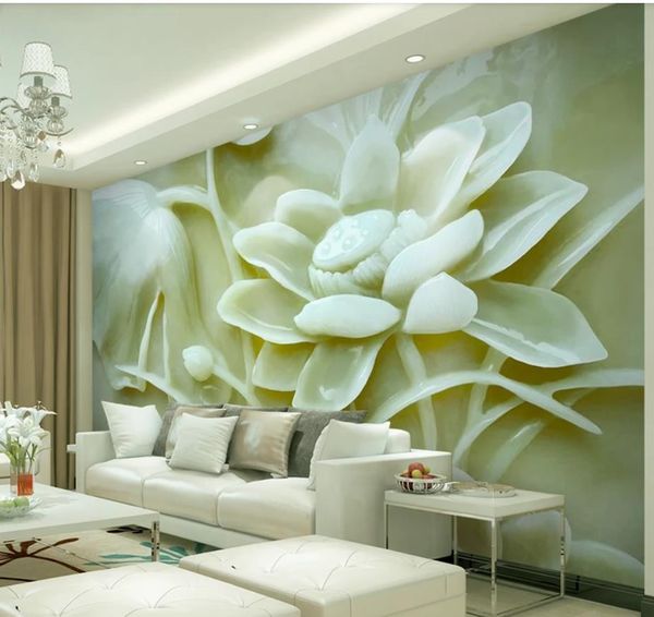 

3d jade carving lotus tv background wall modern wallpaper for living room