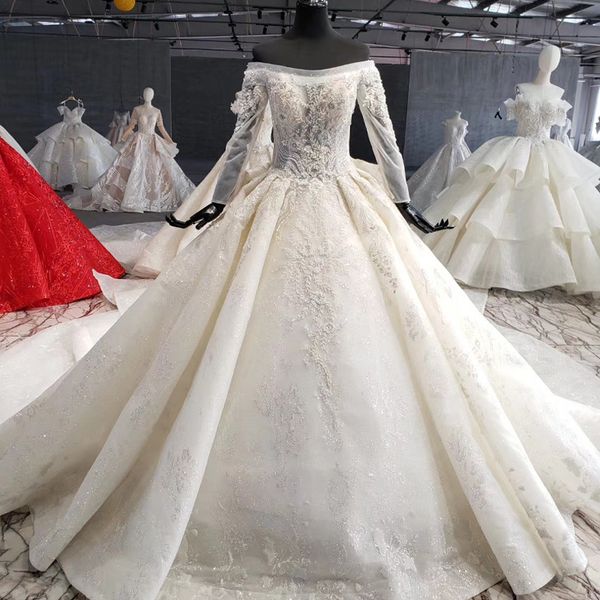 

wedding dress luxury arabic dubai off shoulder long sleeves appliques crystal pearl lace up back gothic wedding dresses hochzeitskleider, White