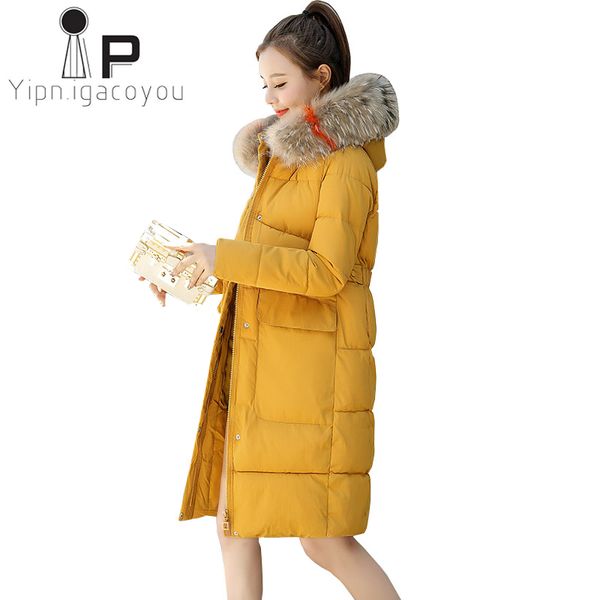 

winter long down jacket women big fur collar hooded coat plus size korean casual warm wadded jacket thick cotton parkas outwear, Black