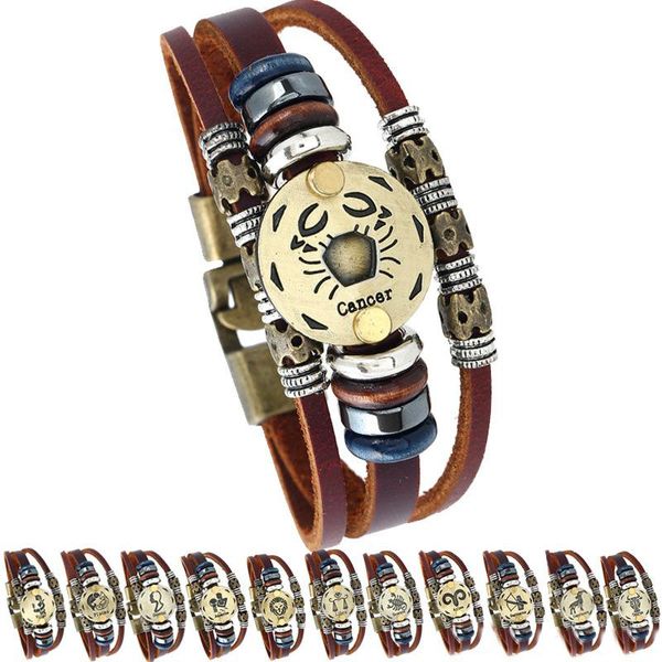 12 Bracciale in pelle da uomo con segno zodiacale oroscopo Bracciale con ciondolo retrò vintage per regali di gioielli di moda da donna