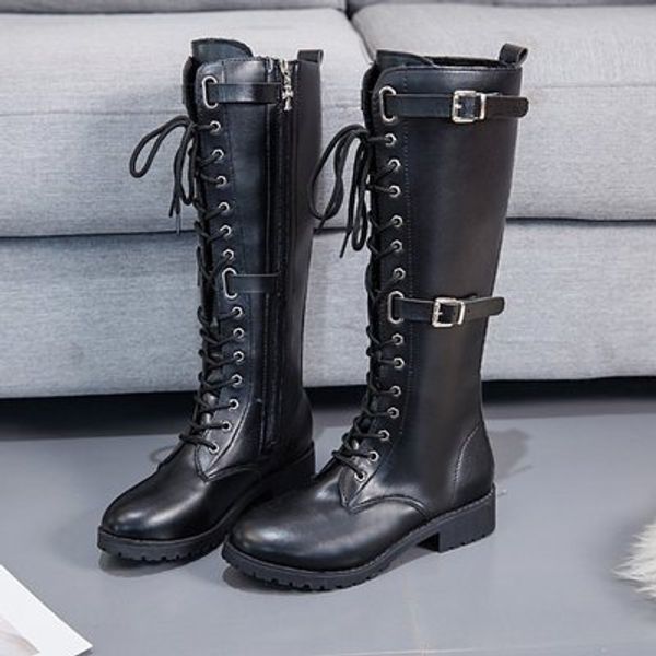 

autumn and winter european and american knight boots lace belt buckle boots high women, Black