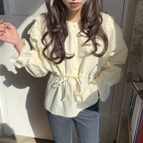 

ewq] 2020 summer new sweet lantern sleeve women and blouses korea plus size casual chic embroidery ruffles shirt qv39012, White