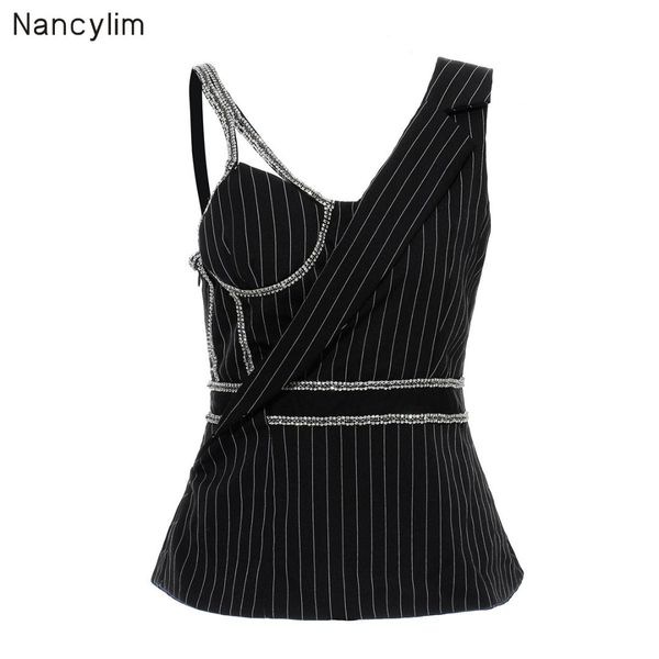 

woman sleeveless shirt fashion flash drill rhinestone irregularly cut shoulderless water drill chain outer cover jacket, Black;brown