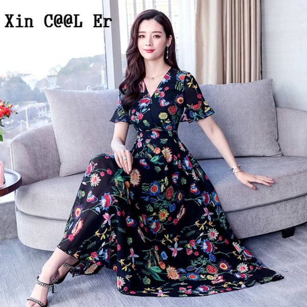 

spring chiffon fashion women dress 2019 new summer v-neck short sleeve xxxl female work wear slim elegant temperament dresses, Black;gray