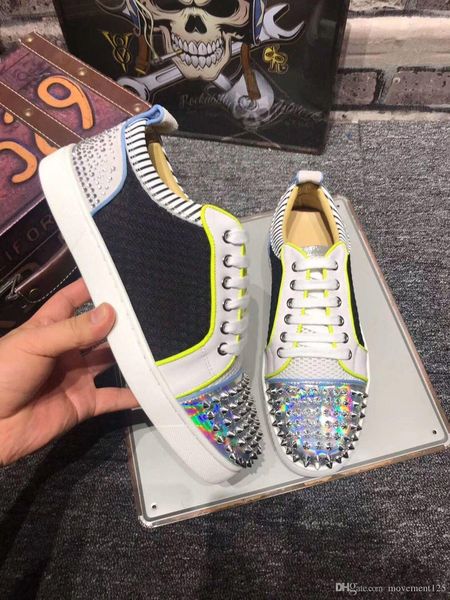 

luxury designer spikes + black mesh leather + strass shoes red bottom shoes for men,women casual walking chaussures homme eu35-46