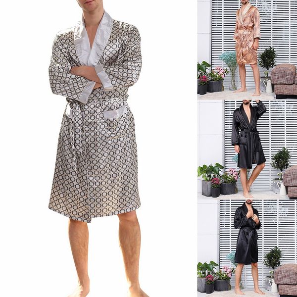

mens summer luxurious silk printed robes 2019 new fashion men long-sleeve thin nightgown soft satin comfortable pajamas, Black;brown