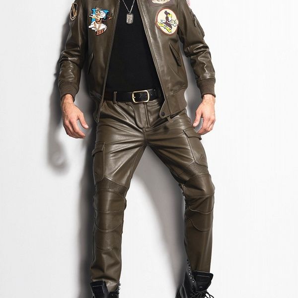 

men genuine leather skinny pants motorcycle biker slim fit trousers male pockets full length spring pantalon hombre, Black