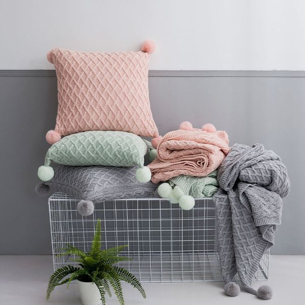 

nordic style knitted cushion cover with soft ball home decoration 45x45cm cotton thread pillow cover