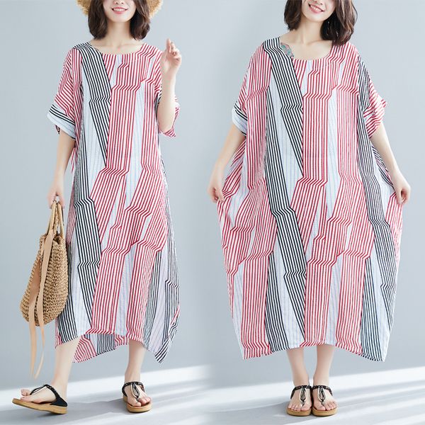 

2019 лето 200 фунтов жира мм будет код костюм платье полоса литература с коротким рукавом хлопок платье, Gray