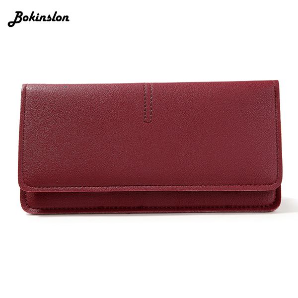 

bokinslon simple ultra-thin long wallet female temperament buckle soft leather wallet women, Red;black