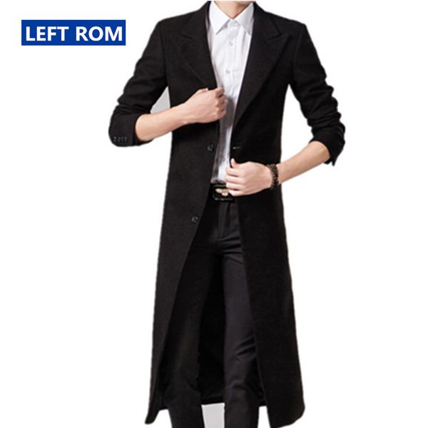 

осень зима mens pure color fashion boutique wool бленды super long шерстяная ткань пальто пыли / мужской тонкий черный пальто пыли куртки, Black