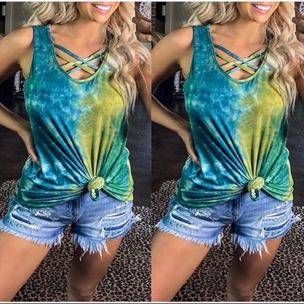 

2020 women's tie-dyed u-collar cross tie 2020 women's vest tie-dyed u-collar cross tie vest top, White