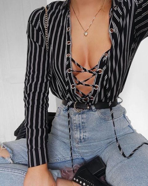 

fashion womens long sleeve loose casual shirt summer striped lace up shirt chiffon blouse, White