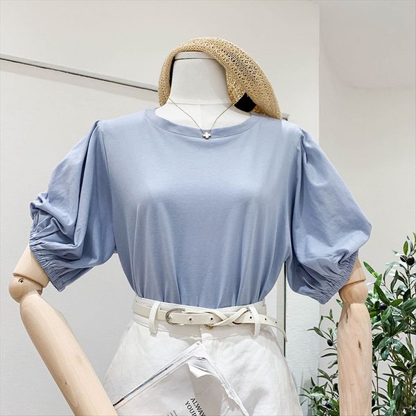 

east gate design sense pleated bubble sleeves western t-shirt style slim loose round collar t-shirt women's blue top, White