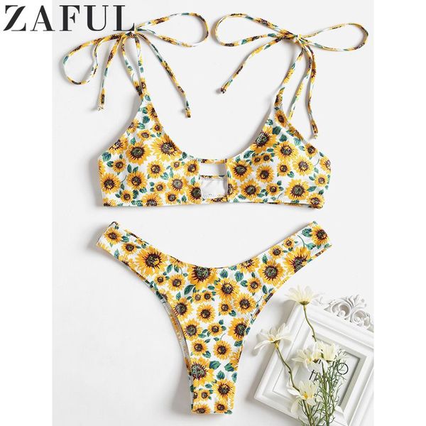 

zaful swimwear beach suit sunflower high cut bikini set bathing suit spaghetti straps padded women swimsuit beach wear