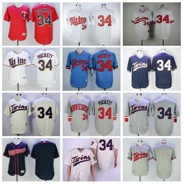 

men baseball vintage 34 kirby puckett jersey 1969 1987 retire flexbase pinstripe cool base pullover stitched navy blue white grey beige, Blue;black