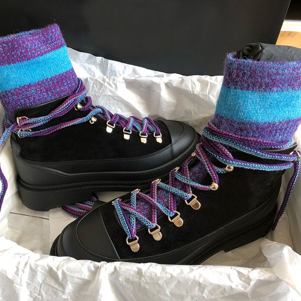 

fashion women lace-up sock boots flat short boots mixed color stretch brand chunky thick bottom botas mujer, Black
