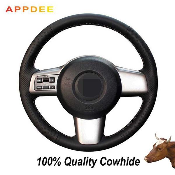 

hand-stitched black genuine leather steering wheel cover for 2 2008-2014