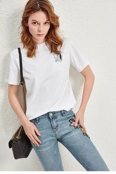 

women t-shirt cartoon polar bear embroidered black and white mercerized cotton loose round collar short sleeve t-shirt