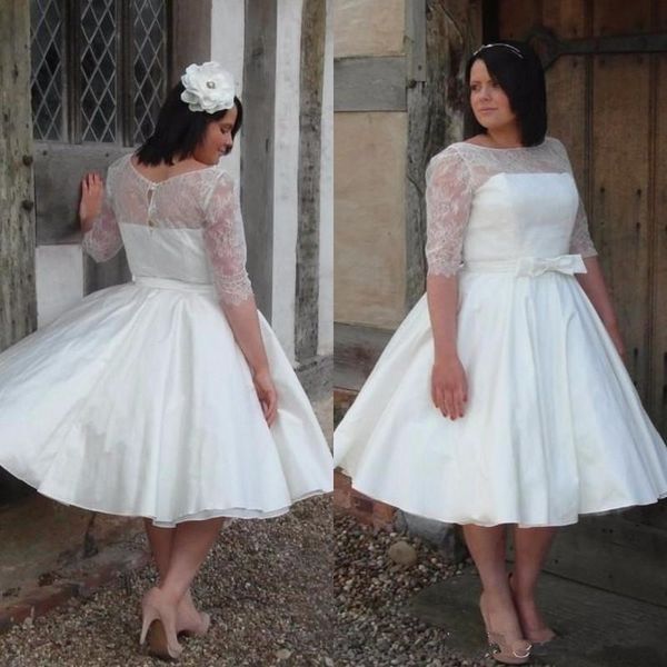 

2020 plus size wedding dresses lace 1/2 long sleeves scoop neck knee length a line satin wedding bridal gown custom made vestido de novia, White