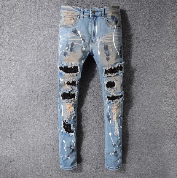 

new jeans ripped distressed motorcycle hole men jeans hip hop mens slim skinny pants trousers size 29-40, Blue