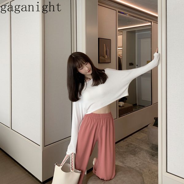 

gaganight корейский причинно-следственные 2 шт женщины комплект o шеи пуловер твердые футболка + высокая талия бедра прямые брюки тонкий вес, White