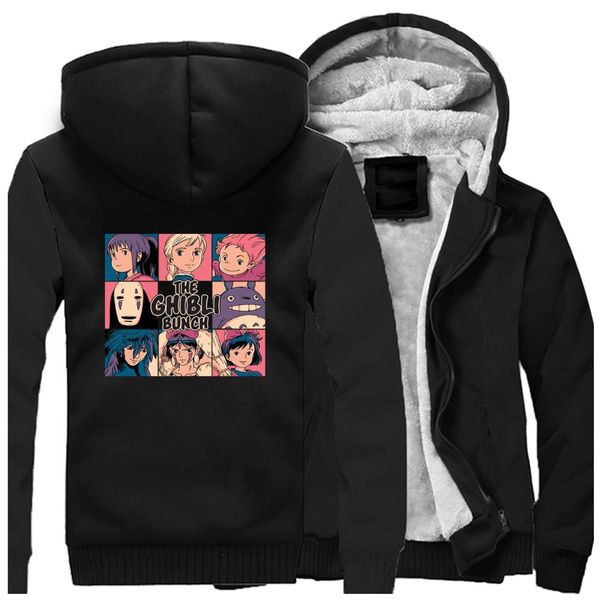 

men ghibli bunch trend print raglan hooded hoodie fleece thickening sweatshirt 2019 autumn winter warm handsome man tracksuits, Black