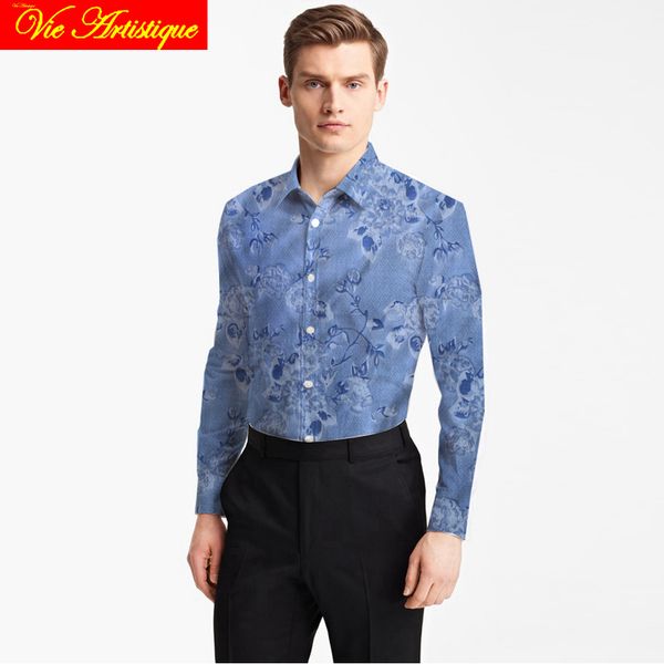 

custom tailor made men's bespoke cotton floral shirts business formal wedding ware blouse blue print faint jacquard flower, White;black