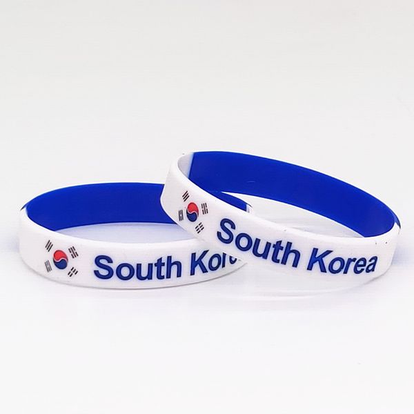 

100pcs korea flag silicone wristband print country sport rubber bracelets engrave men women wrist band bangle accessories, Golden;silver