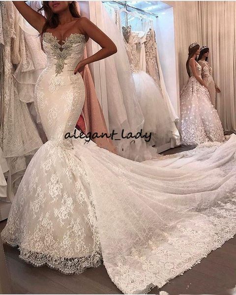 

cathedral train mermaid wedding dresses 2019 luxury lace applique crystal sweetheart lace-up corset church bridal wedding gown, White