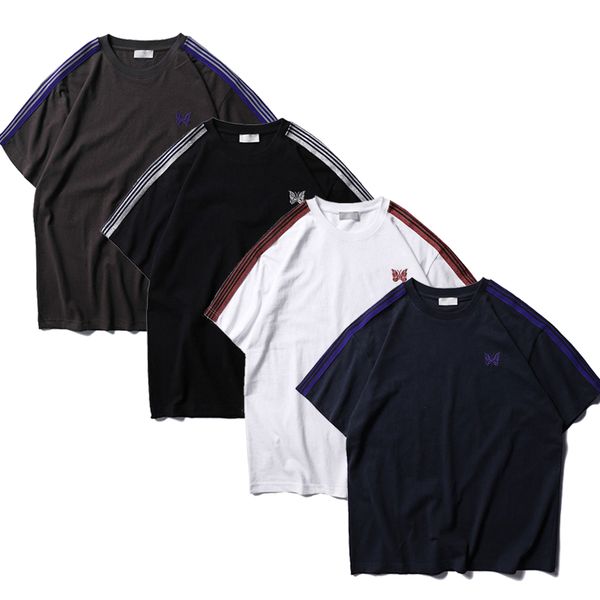 

2019 awge x needles t-shirt butterfly embroidered oversized short sleeve tee a$ap rocky ag brand awge hip hop t-shirts stripe cli0428, White;black