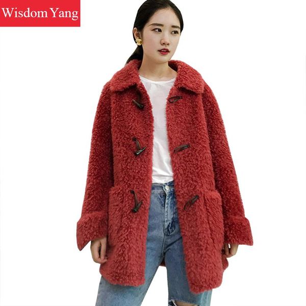 

winter warm real sheep fur fleece coats jackets wool elegant women red blue lady oversize overcoat woollen korean coat outerwear, Black
