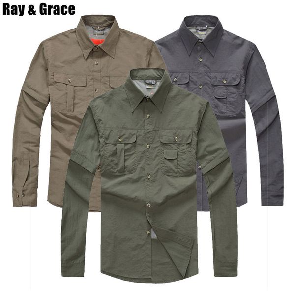 

ray grace quick dry outdoor summer men's shirts removable hiking shirt breathable sports fishing trekking male thin clothes, Gray;blue