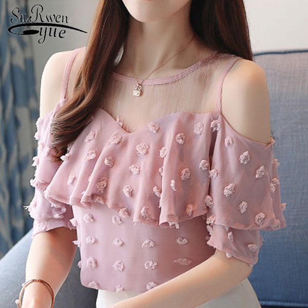 

new 2019 summer fashion solid women blouses shirts o-collar lace off shoulder wavy ruffled sleeve chiffon shirt slim 0642 40, White