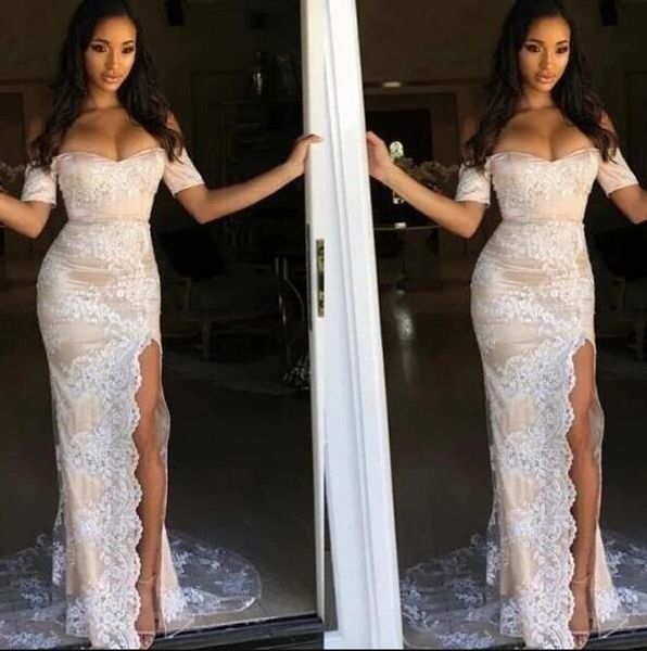 

2021 lace prom dresses sheath off the shoulder slit front formal evening gowns floor length dubai african party graduation dress, Black