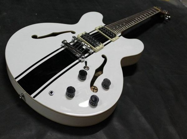 

custom shop es 333 tom delonge signature semi hollow body white black stripe jazz electric guitar double f holes, dot inlay, grover tuners