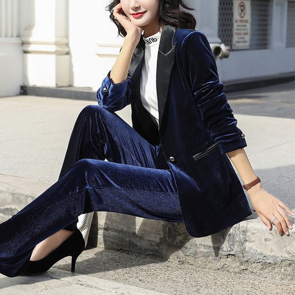 

vintage autumn winter gold velvet women pant suit notched blazer jacket & flare pant 2019 office wear women suits female sets, White;black