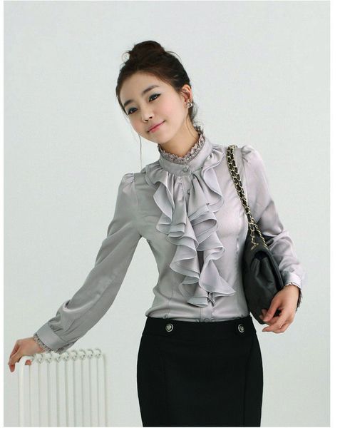 

autumn women's flounced office lady base long-sleeve chiffon shirt women's, White