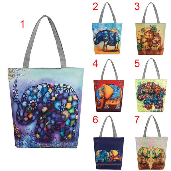 

women elephant printed canvas tote casual beach bags single shoulder bags traveling shopping handbag 88 sale-wt