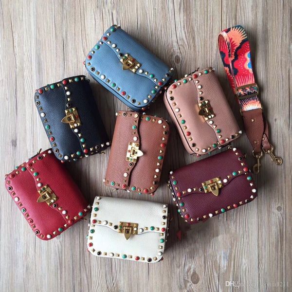 

2018 new fashion handbag shoulder bag revet small bag stone rainbow valentines day bags multiple layers camera red nude white colors