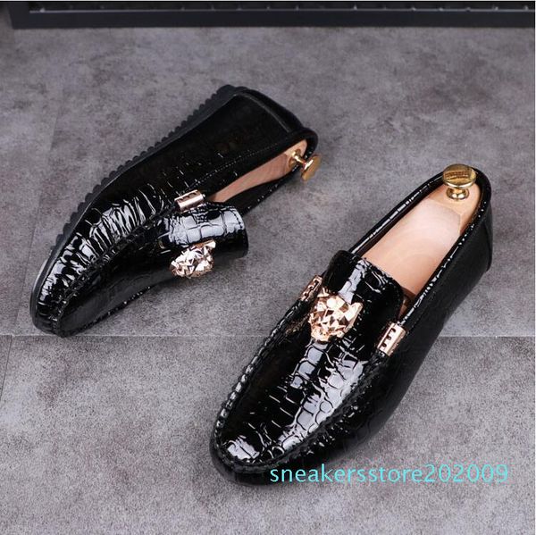 

new 2019 luxury genuine leather men's wedding shoes metal tiger men's banquet party dress loafers 38-43 s09, Black