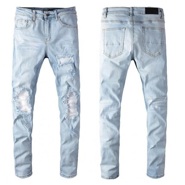 

mens jeans distressed motorcycle biker jeans rock skinny slim ripped hole knee zipper famous brand denim pants designer jeans, Blue