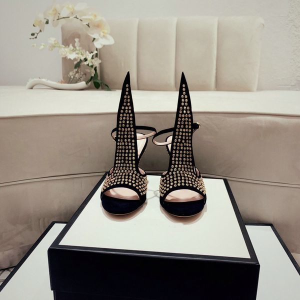 

women high heels pumps designer party queen sandals shimmer suede sandals with crystals stiletto heel comfortable size 35-40, Black