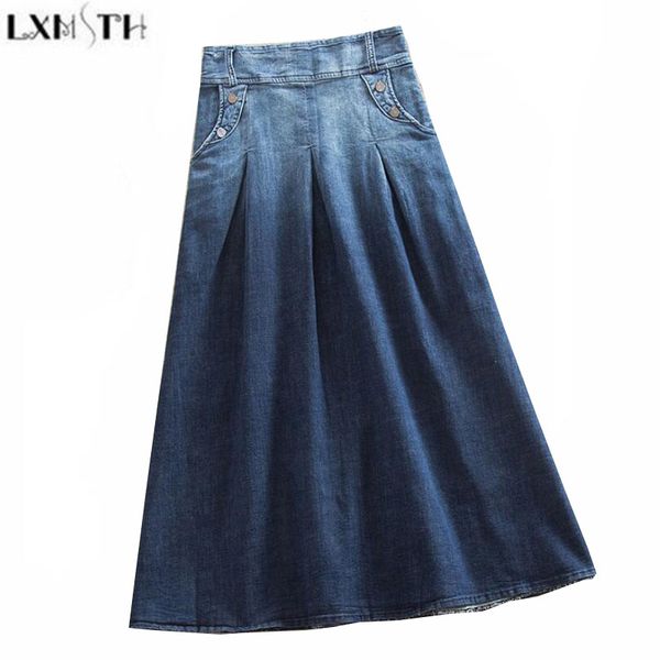 

lxmsth vintage womens denim skirts plus size elastic waist gradient a line casual skirts women long jeans skirt high waist s-8xl, Black