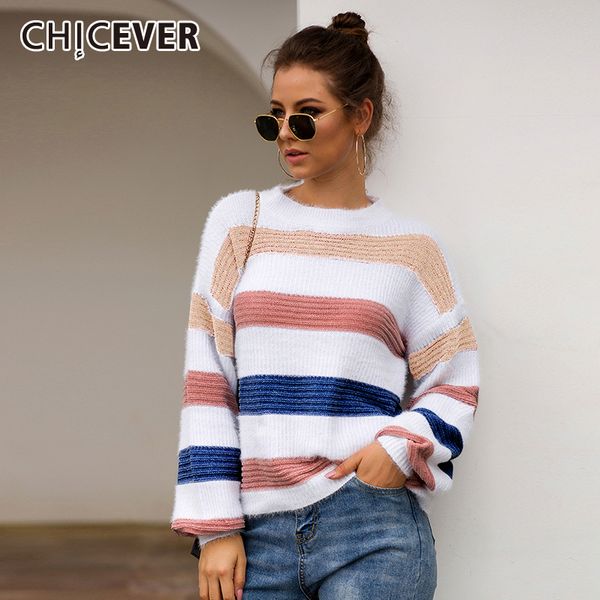 

chicever striped hit color clothes sweaters female lantern sleeve o neck autumn loose sweater jumper women fashion new 2019, White;black