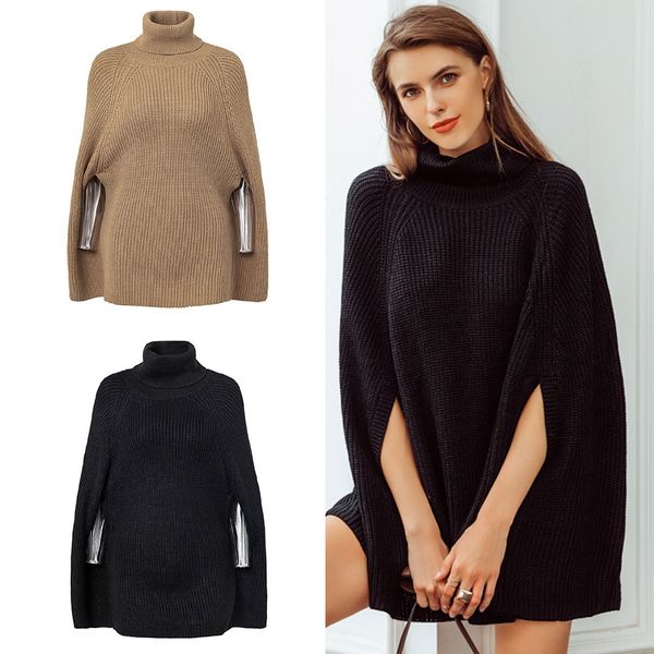 

knitted turtleneck cloak sweater women casual pullover autumn winter streetwear women sweaters and pullovers fashion popular new, Black
