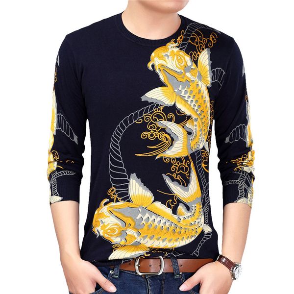 

рыбий принт мода пуловер erkek kazak slim fit pull homme 2020 весна животных печатных свитер мужские chompas hombre, White;black