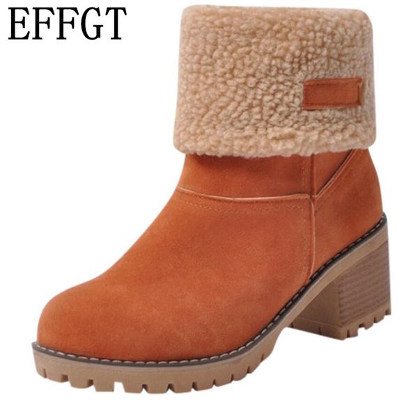 

effgt women's winter boots brand women shoes mid calf boots flock women winter warm snow big size 35-43 z347, Black