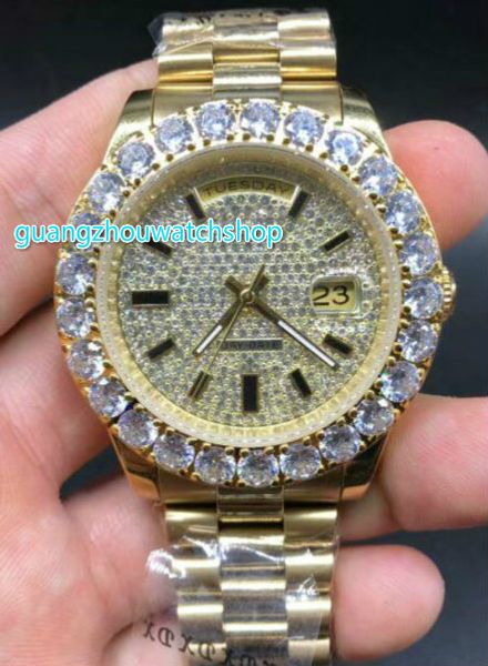 

Yellow gold automatic diamond watch gold tainle teel diamond dial 43mm prong et diamond waterproof men watche