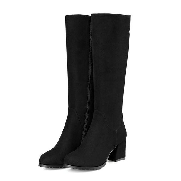 

size 33-43 female concise mid calf boots ladies winter zips shoes women flock winter shoes woman thick heels shoe, Black